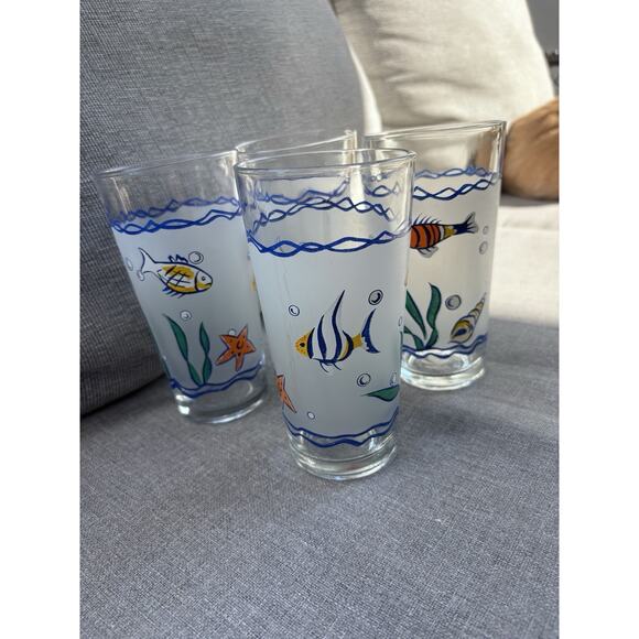 Vintage KIG Nautical Glass Tumbler (s) LOT OF 4 Tropical Fish Clear Frosted - Picture 3 of 8